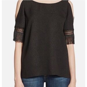🦋 Cooper & Ella Black Fringe Sleeve Cold Shoulder Top Snake Embossed Blouse